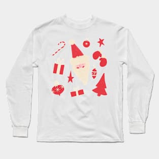 Red and White Retro Santa Pattern on Green Long Sleeve T-Shirt